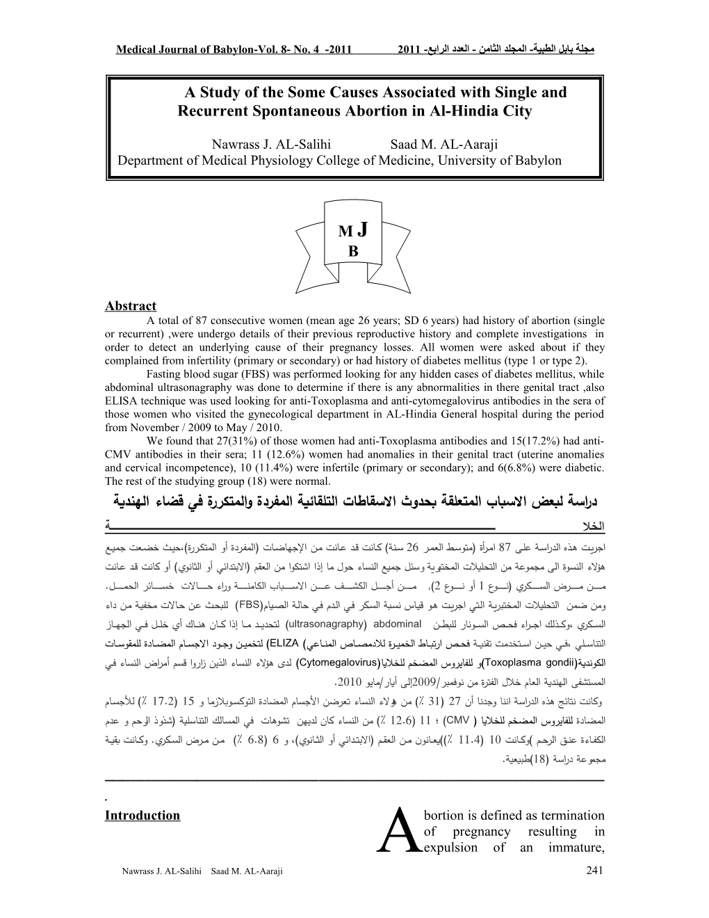 A Study of the Association Between Diabetes Mellitus & the Development of Recurrent Abortion