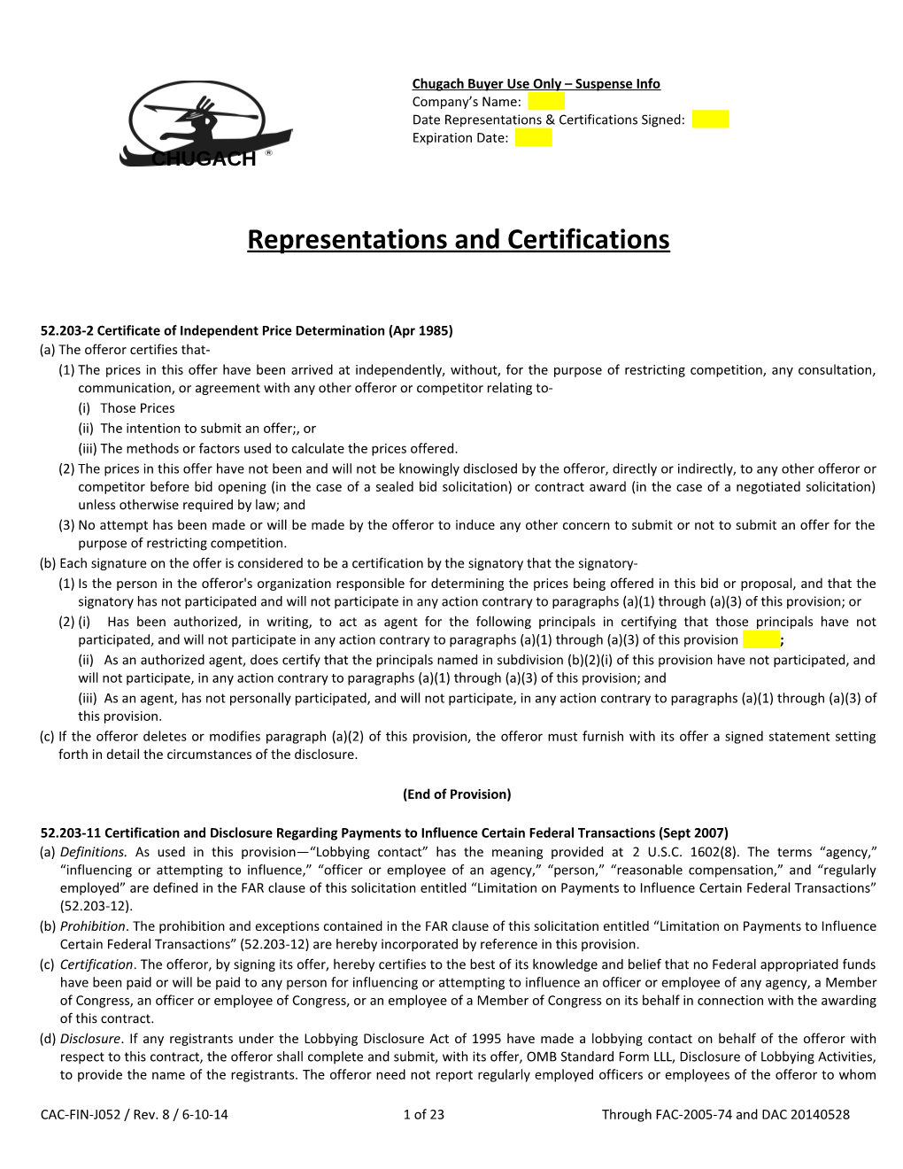 Date Representations & Certifications Signed