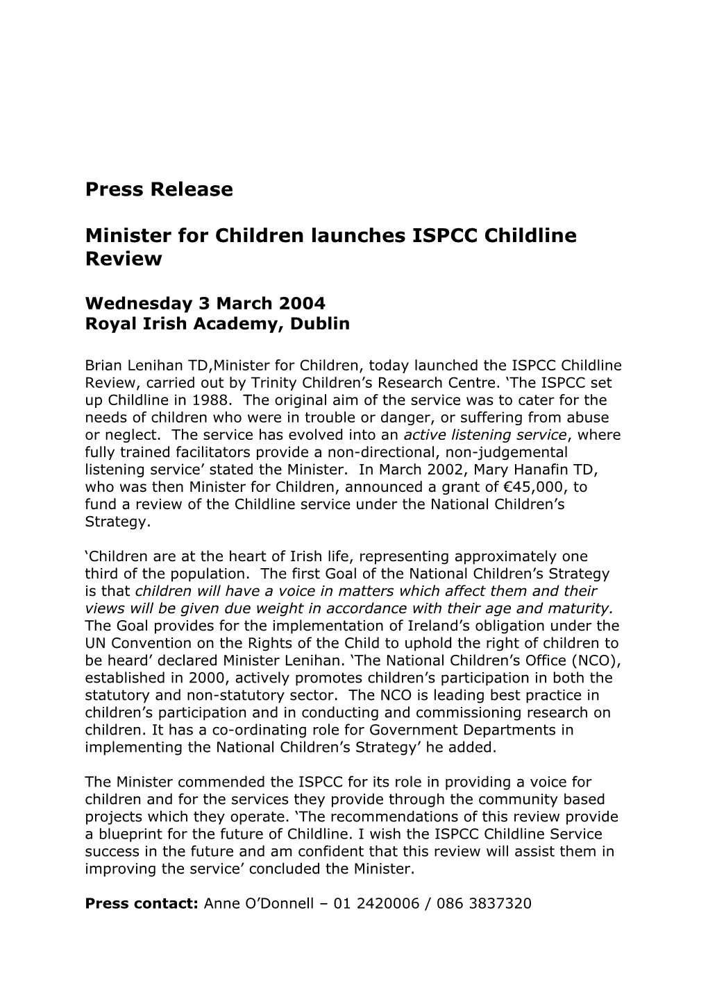 Minister for Children Launches ISPCC Childline Review