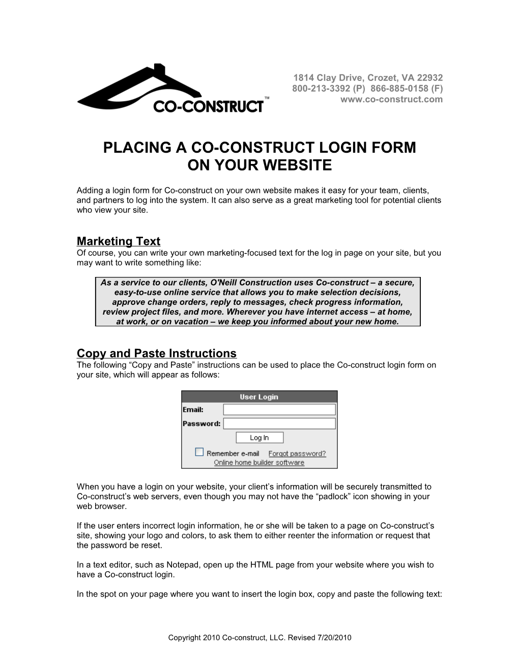 Placing a Co-Construct Login FORM
