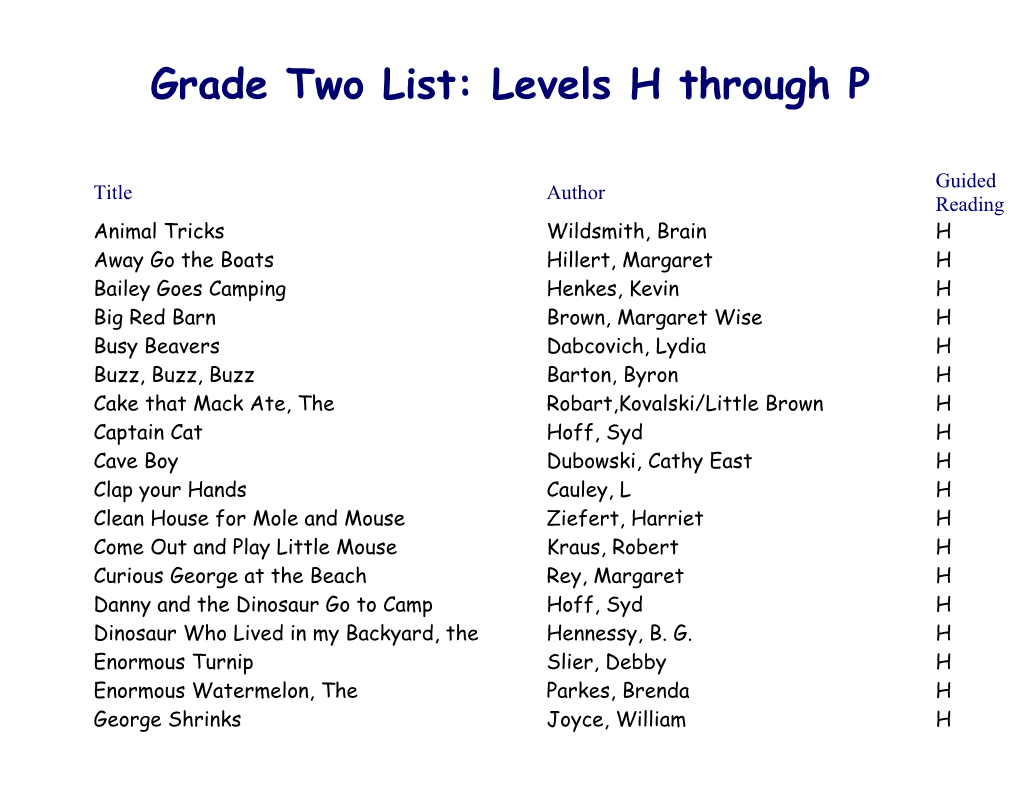 Grade Two List: Levels H Through P