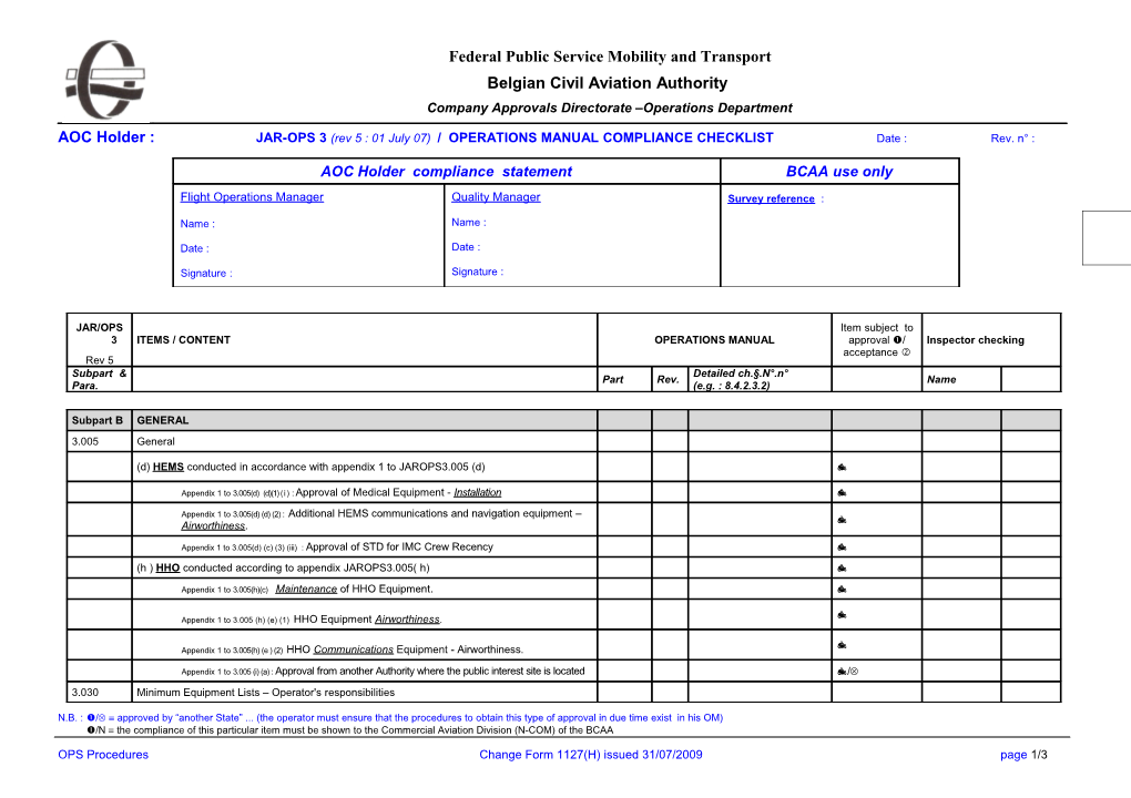 AOC Holder: JAR/OPS 3 / O.M. COMPLIANCE Checklistdate : Rev. N