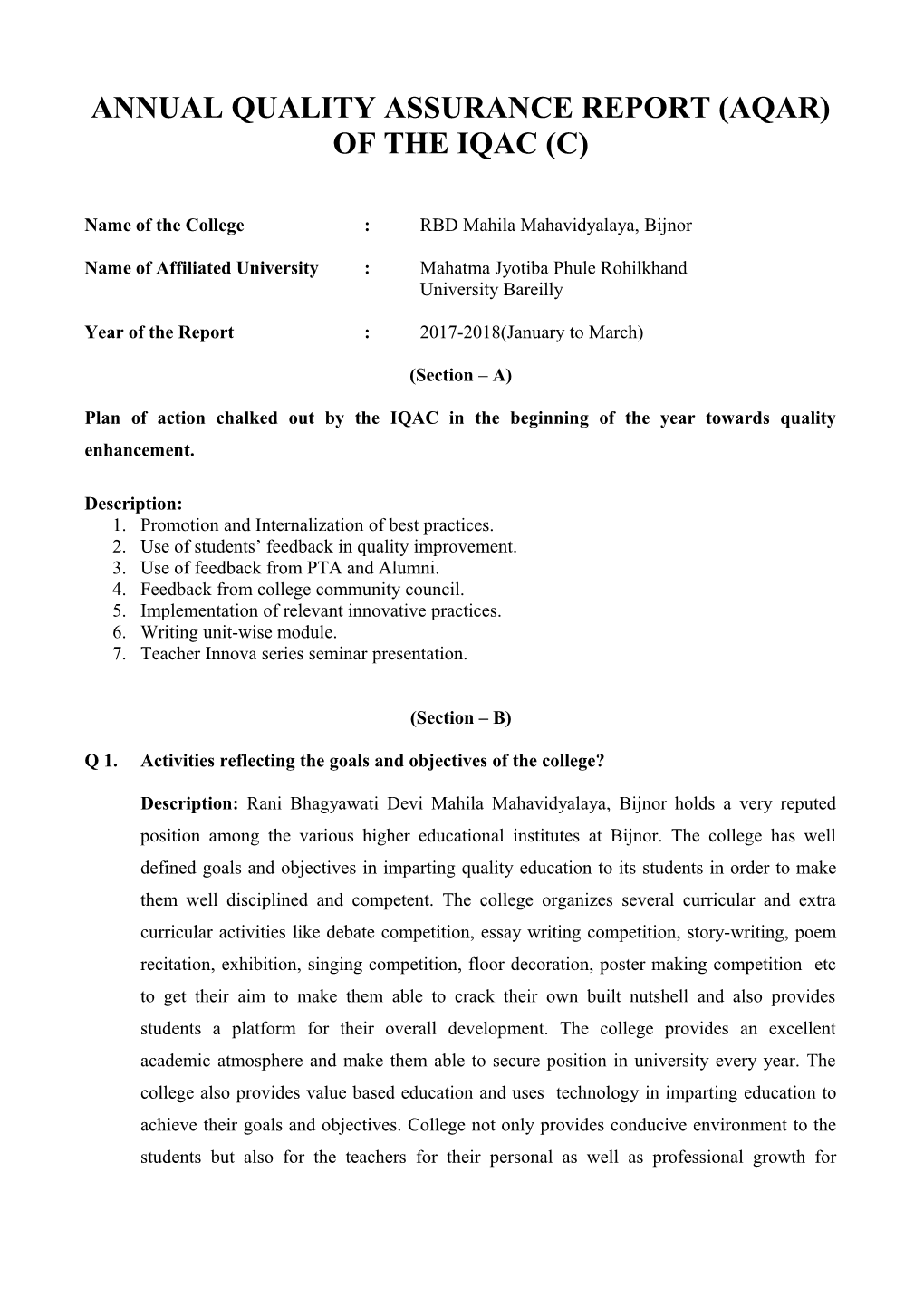 Annual Quality Assurace Report (AQAR) of the IQAC