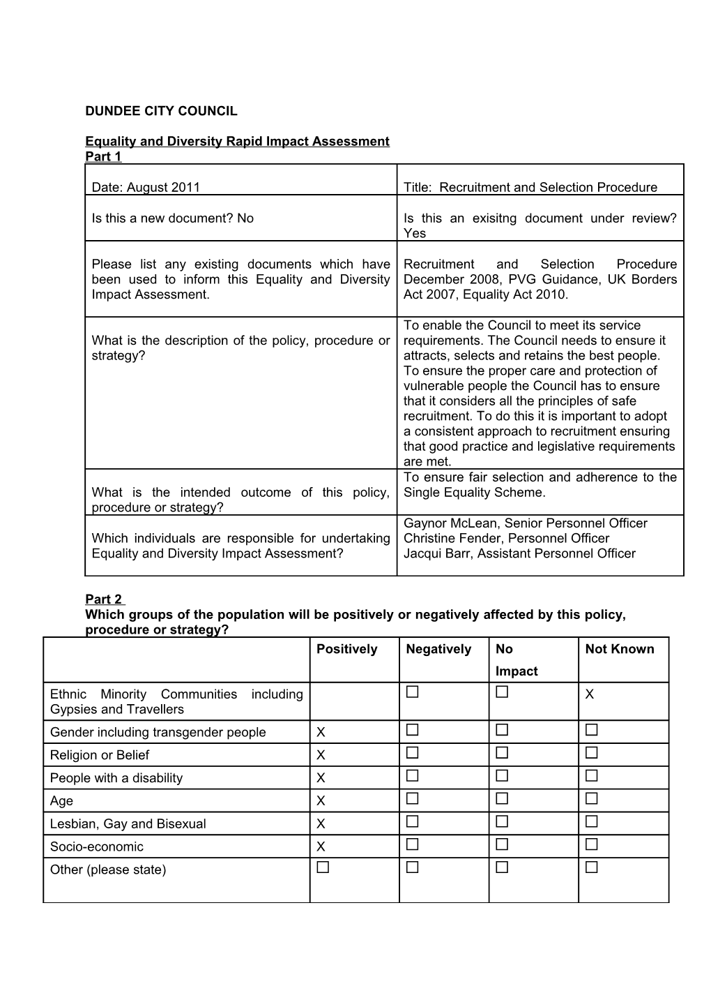 Equality and Diversity Rapid Impact Assessment