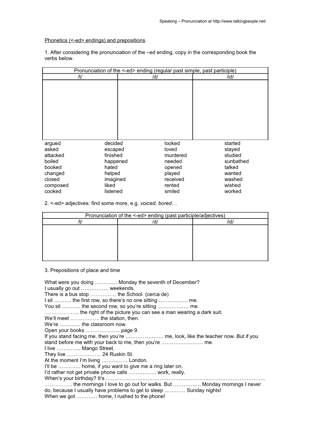 Phonetics ( -Ed Endings) and Prepositions