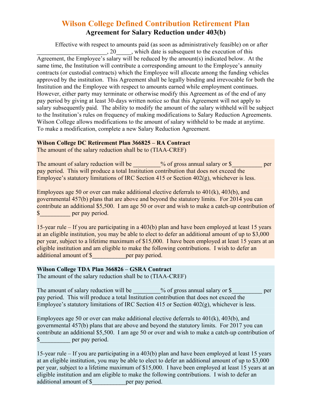 Wilson College Defined Contribution Retirement Plan