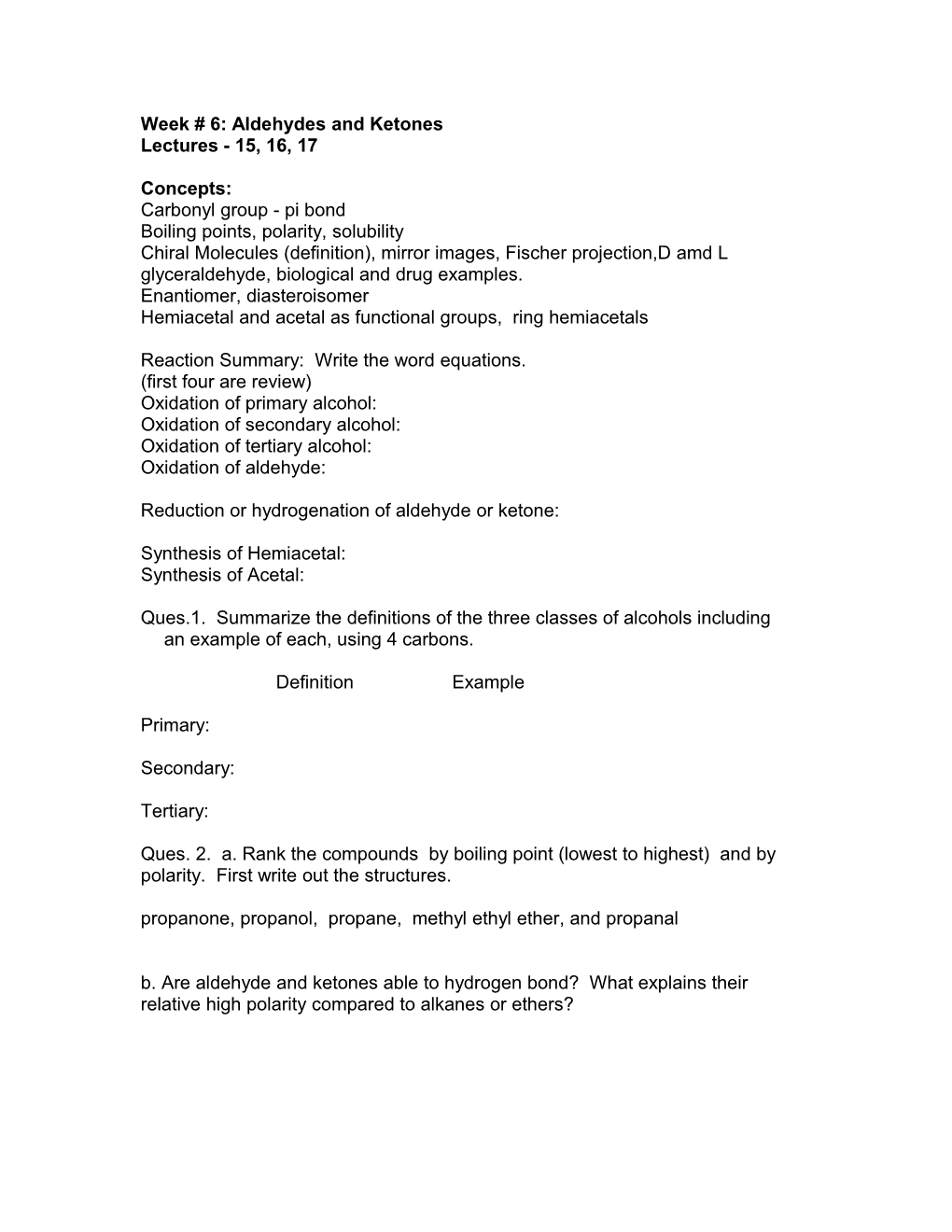 Homework # 5 Aldehydes and Ketones