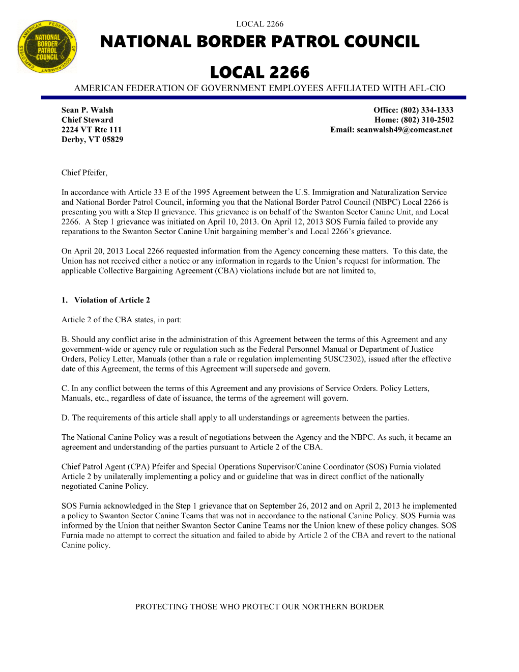 Chief Union Steward Letterhead