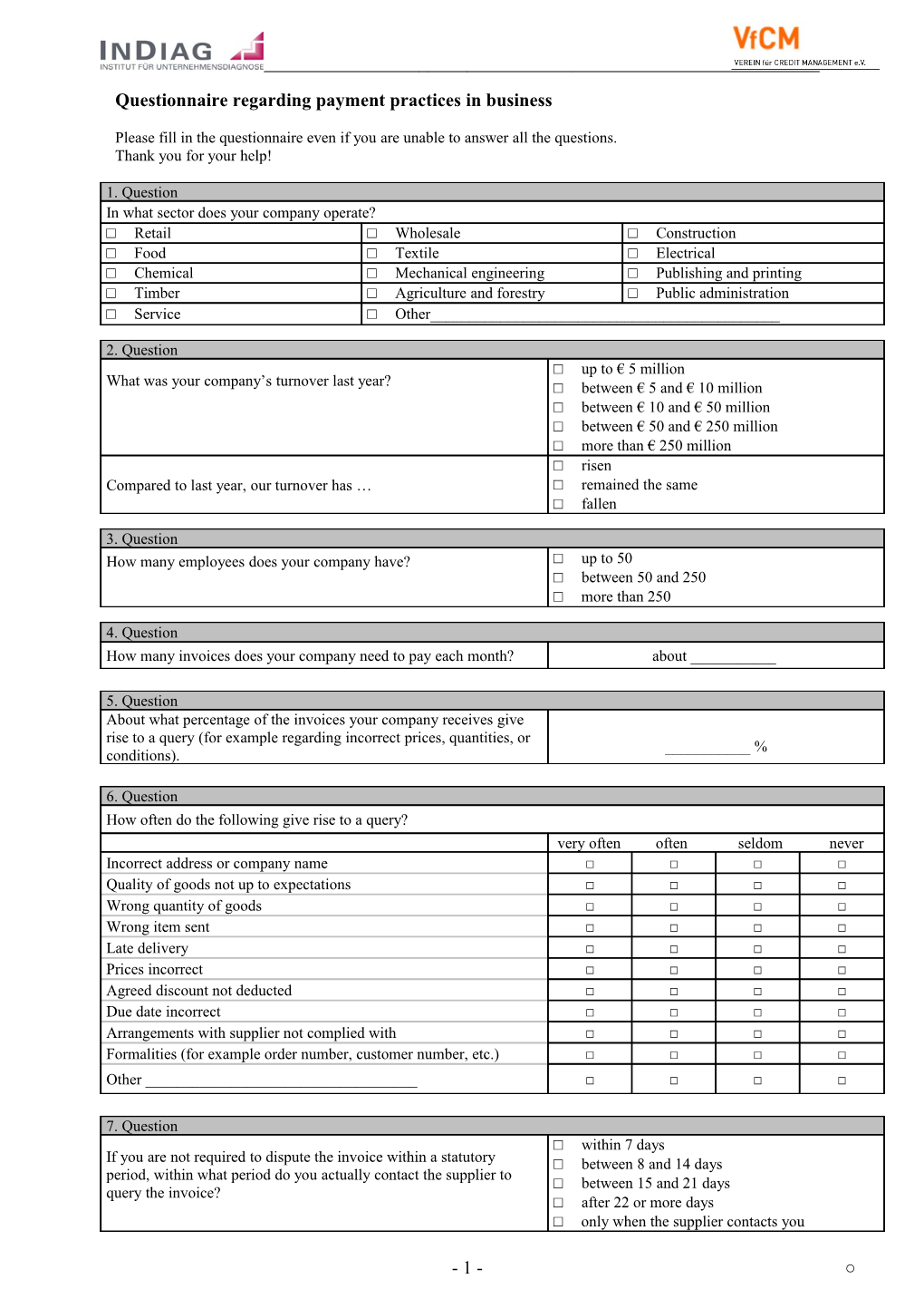 Questionnaire Regarding Payment Practices in Business