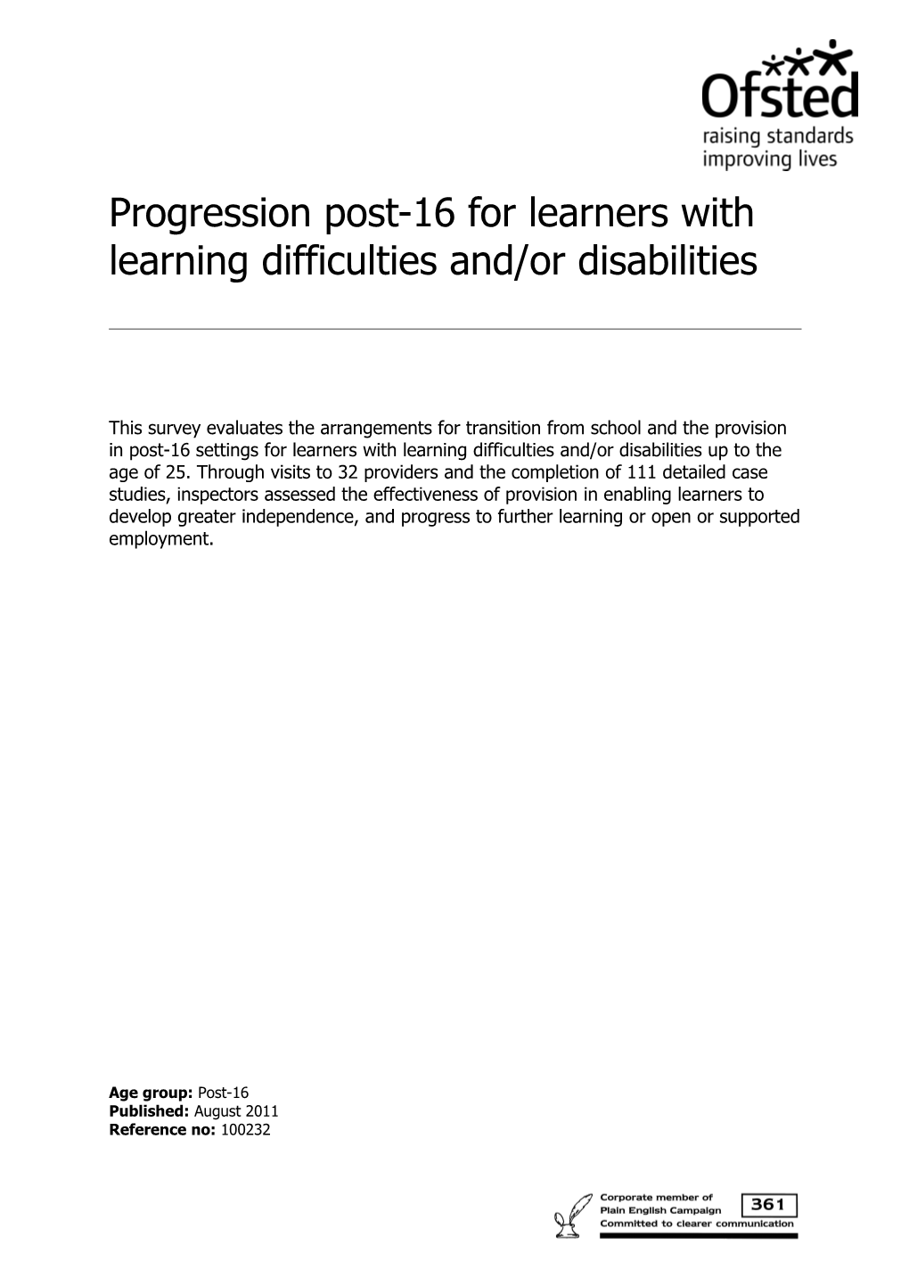 Progression Post-16 for Learners with Learning Difficulties And/Or Disabilities