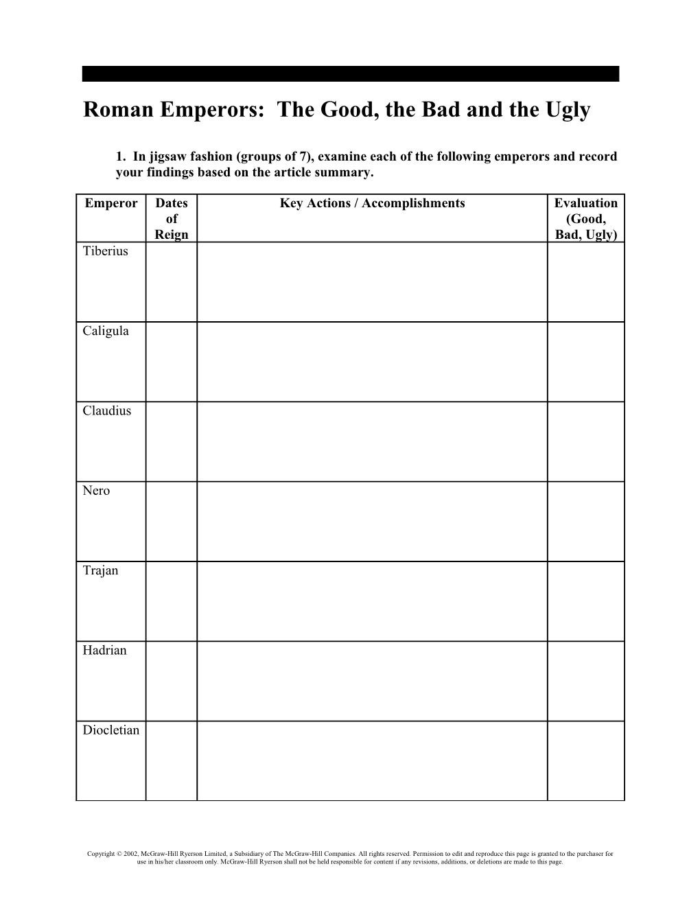 Roman Emperors: the Good, the Bad and the Ugly1. in Jigsaw Fashion (Groups of 7), Examine