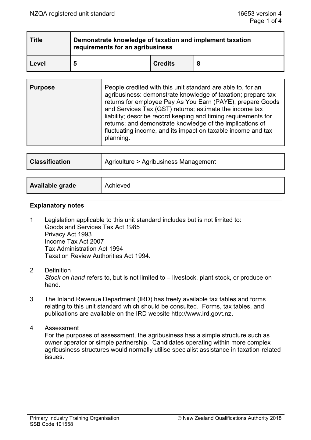 16653 Demonstrate Knowledge of Taxation and Implement Taxation Requirements for an Agribusiness