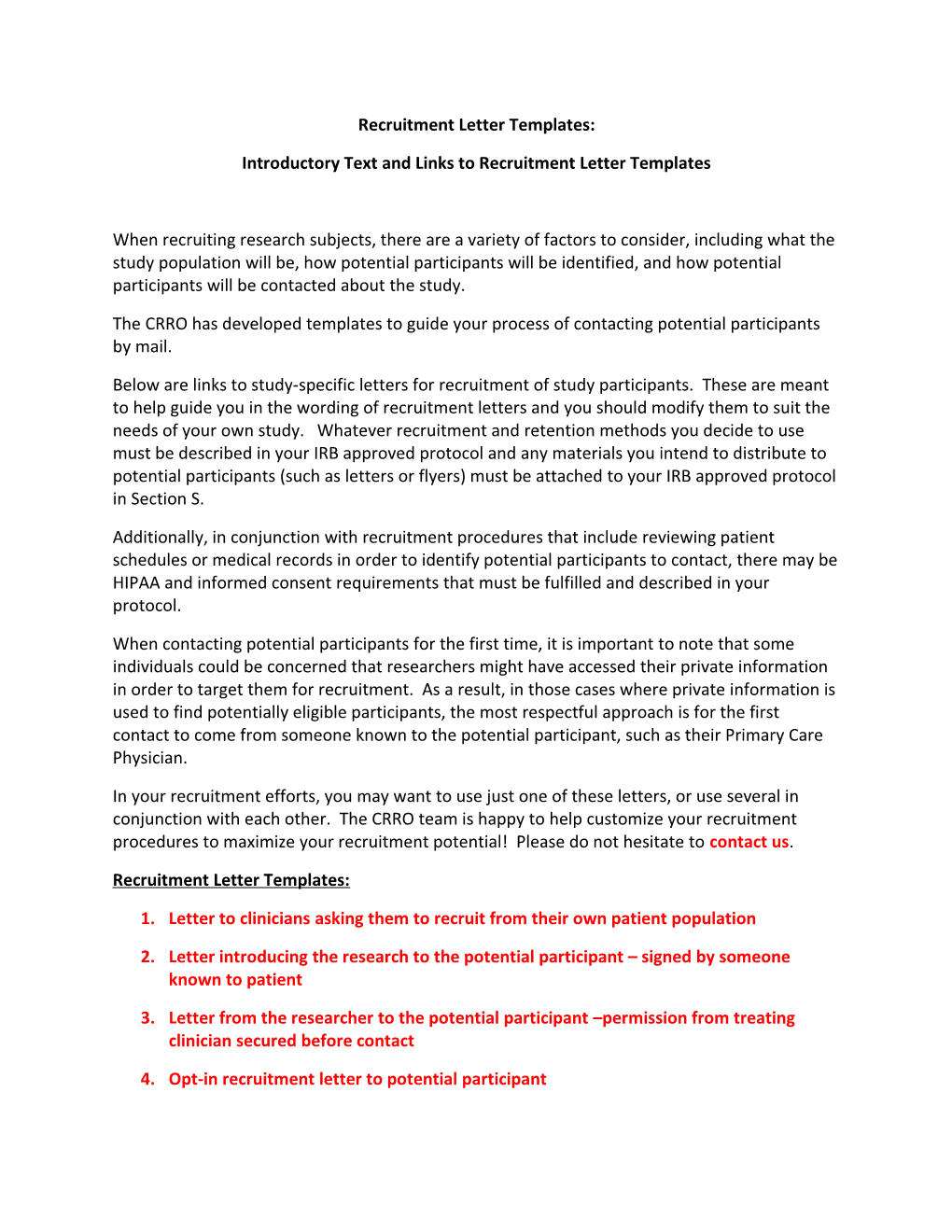 Introductory Text and Links to Recruitment Letter Templates