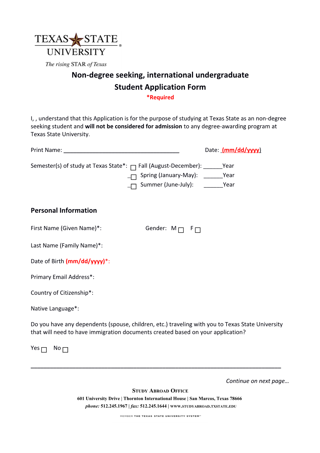Non-Degree Seeking, International U Ndergraduate