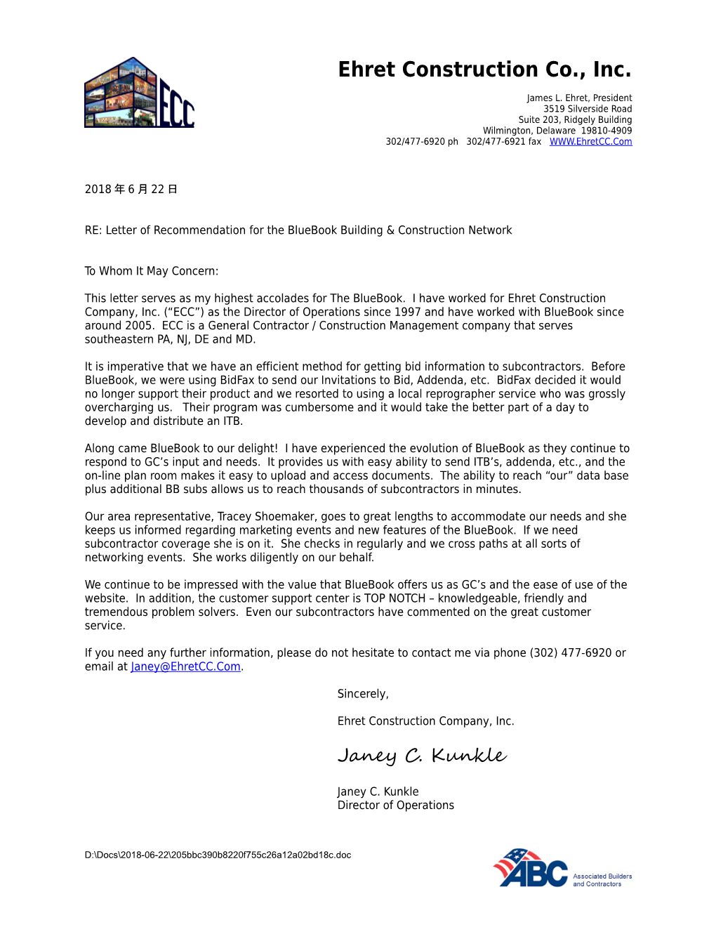 RE: Letter of Recommendation for the Bluebook Building & Construction Network