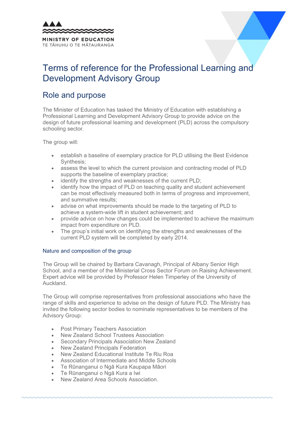 Terms of Reference for the Professional Learning and Development Advisory Group