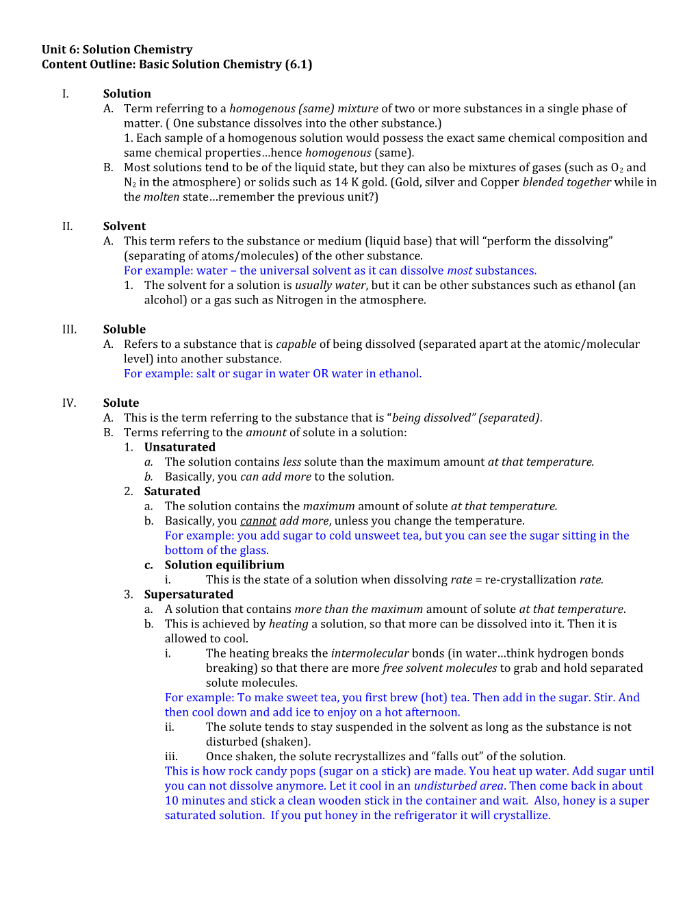 Content Outline: Basic Solution Chemistry (6.1)