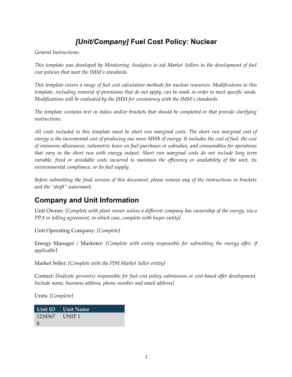 Unit/Company Fuel Cost Policy: Nuclear