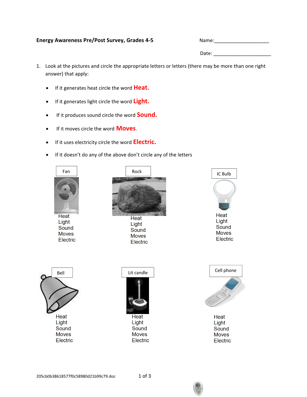 Energy Awareness (3 Pages) Pre/Post Survey, Grades 4-5