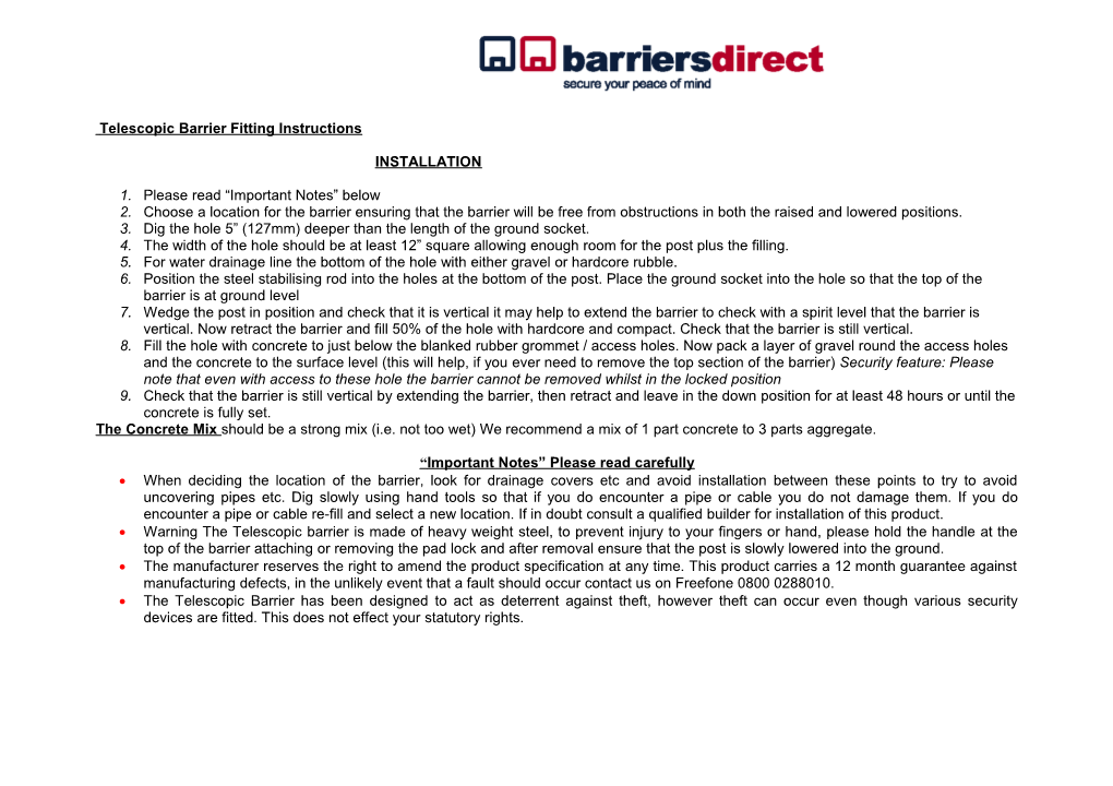 Telescopic Barrier Fitting Instructions