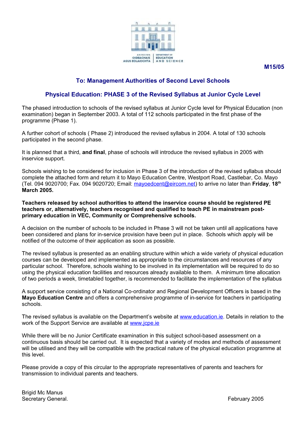 Circular Letter M15/05 - Physical Education: Phase 3 of the Revised Syllabus at Junior