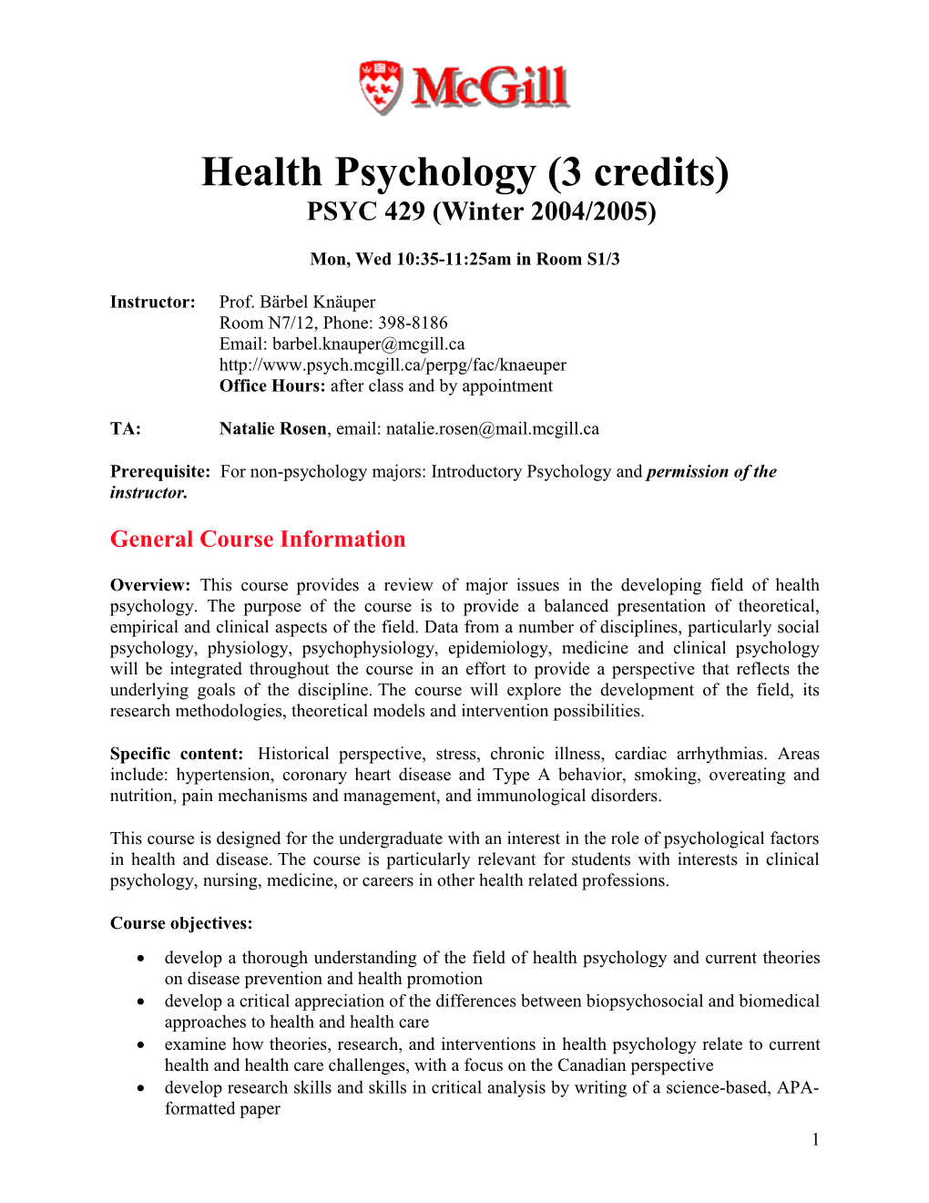 Health Psychology (3 Credits)PSYC 429 (Winter 2004/2005)