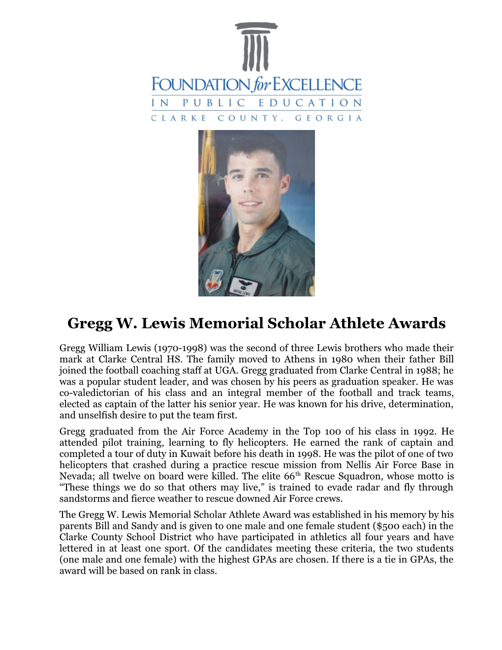 Gregg W. Lewis Memorial Scholar Athlete Awards