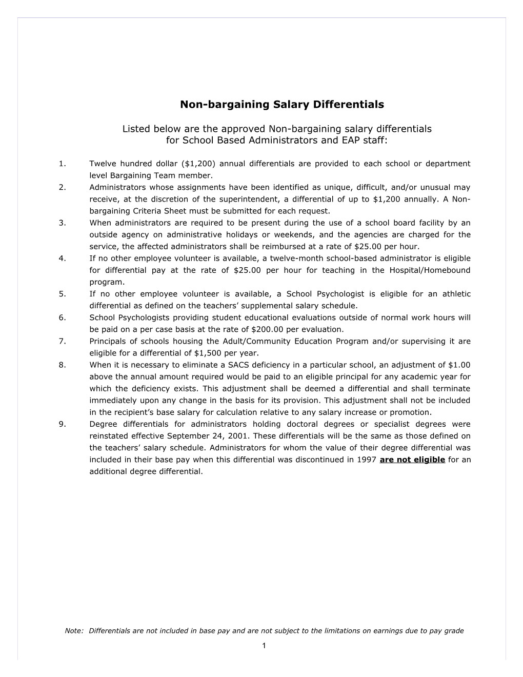 Non-Bargaining School-Based Differential Supplement