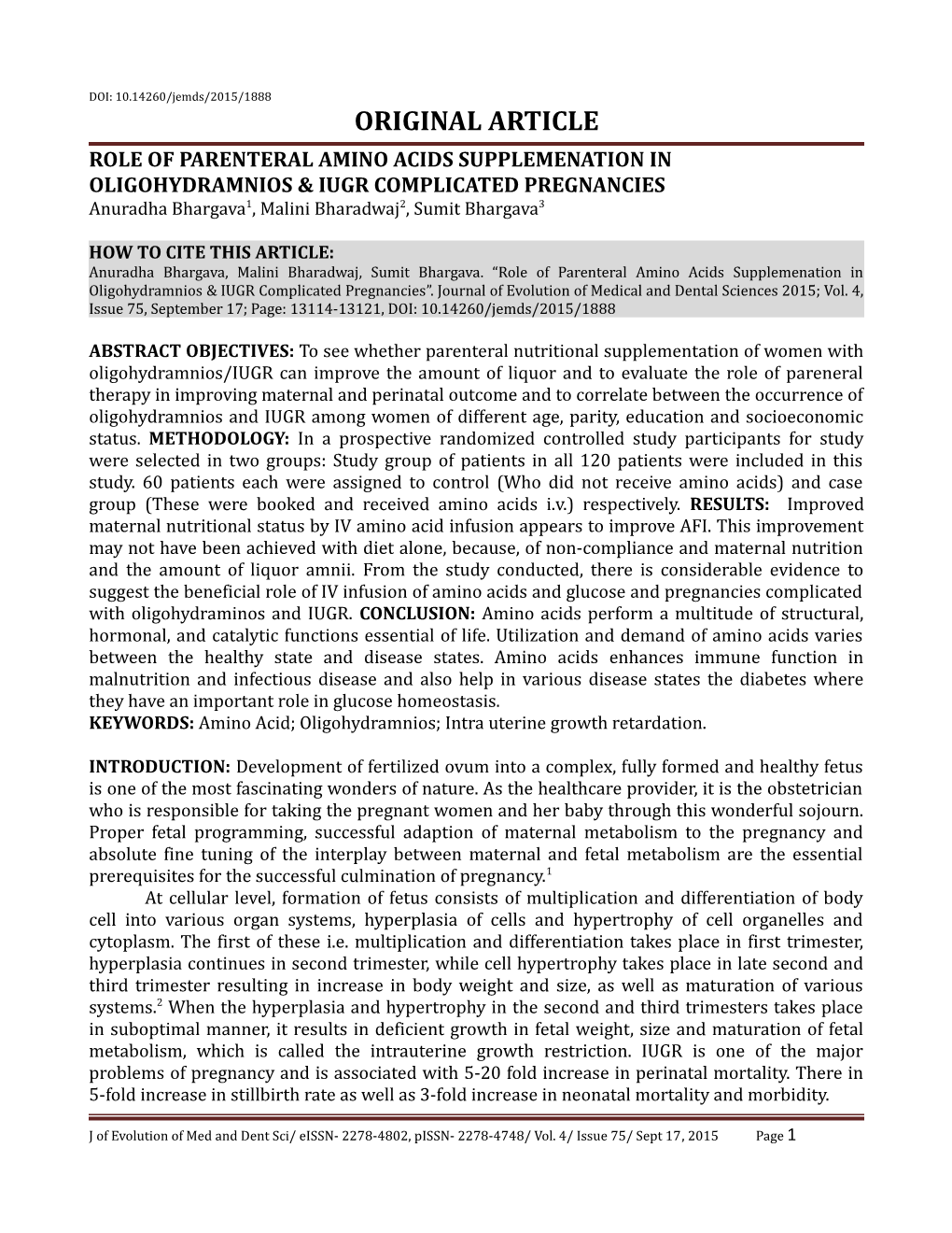 Role of Parenteral Amino Acids Supplemenation in Oligohydramnios & Iugr Complicated Pregnancies