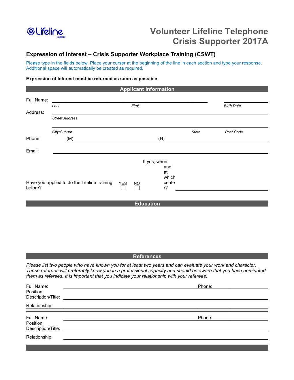 Expression of Interest Crisis Supporter Workplace Training (CSWT)