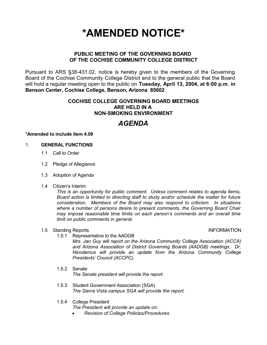 Regular Meeting Agenda - Governing Board