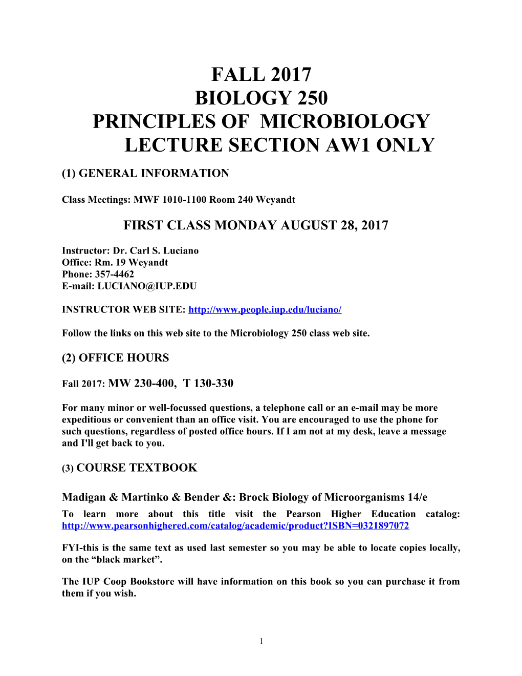 Principles of Microbiology Lecture Section Aw1 Only