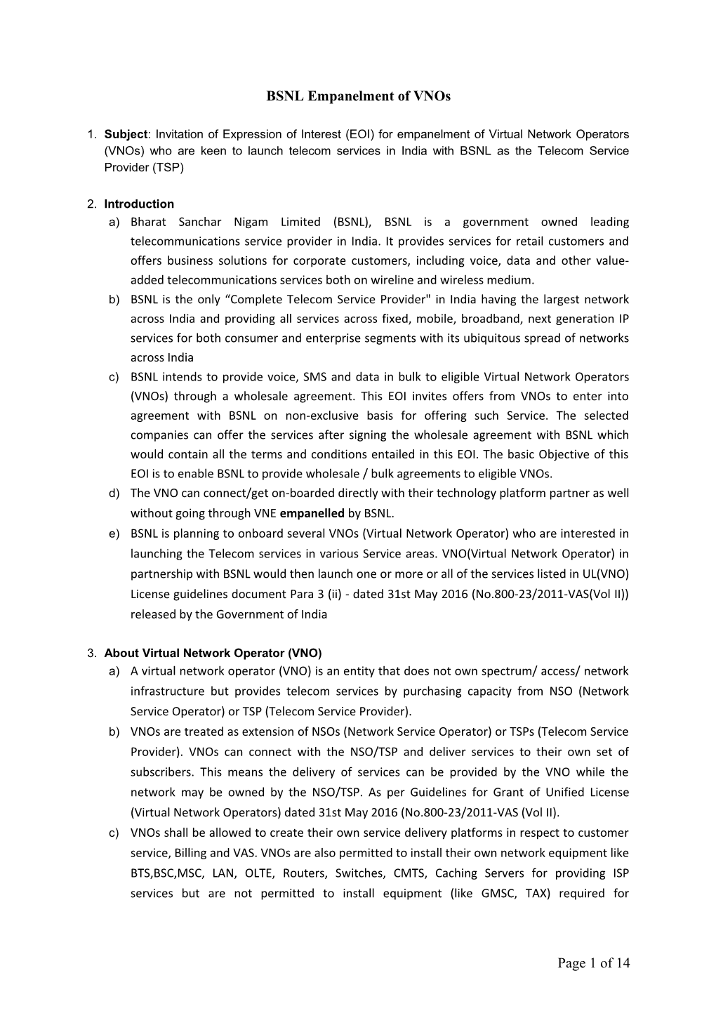 BSNL Empanelment of Vnos