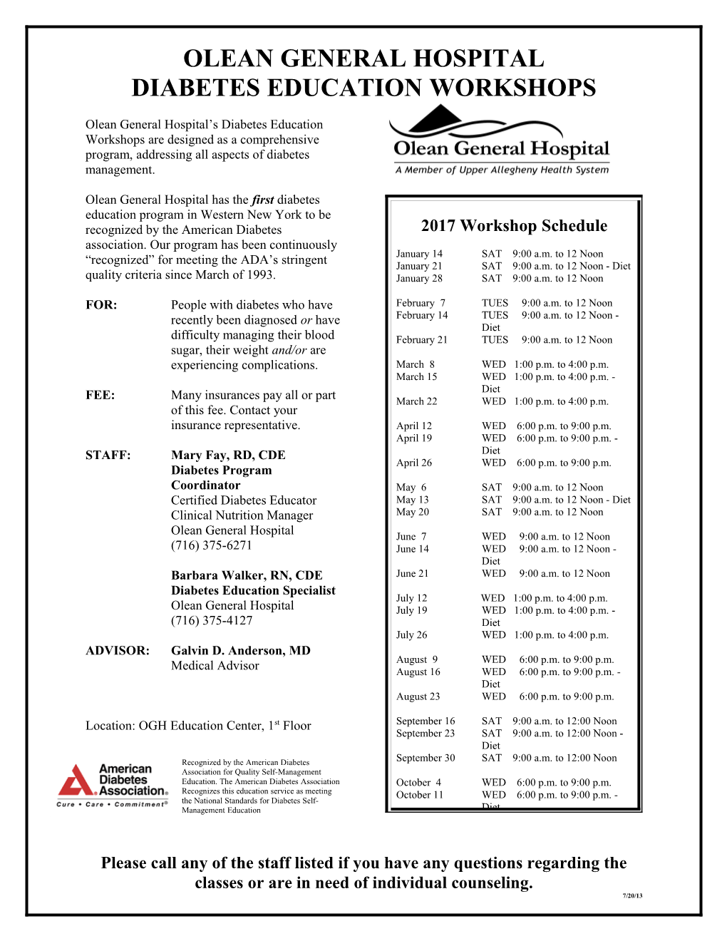 Olean General Hospital S Diabetes Education Workshops Are Designed As a Comprehensive Program