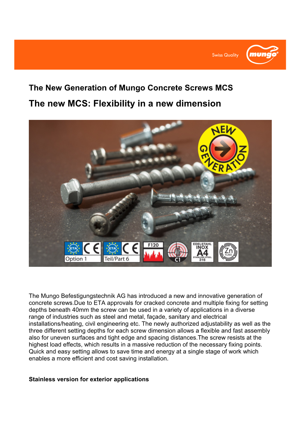 The New Generation of Mungo Concrete Screws MCS