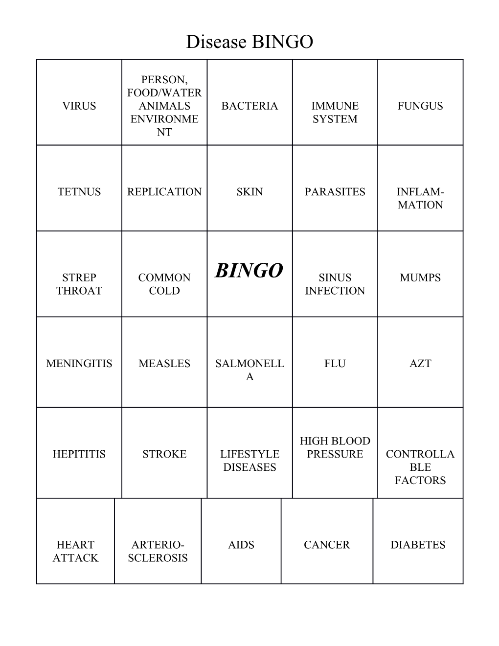 Disease BINGO