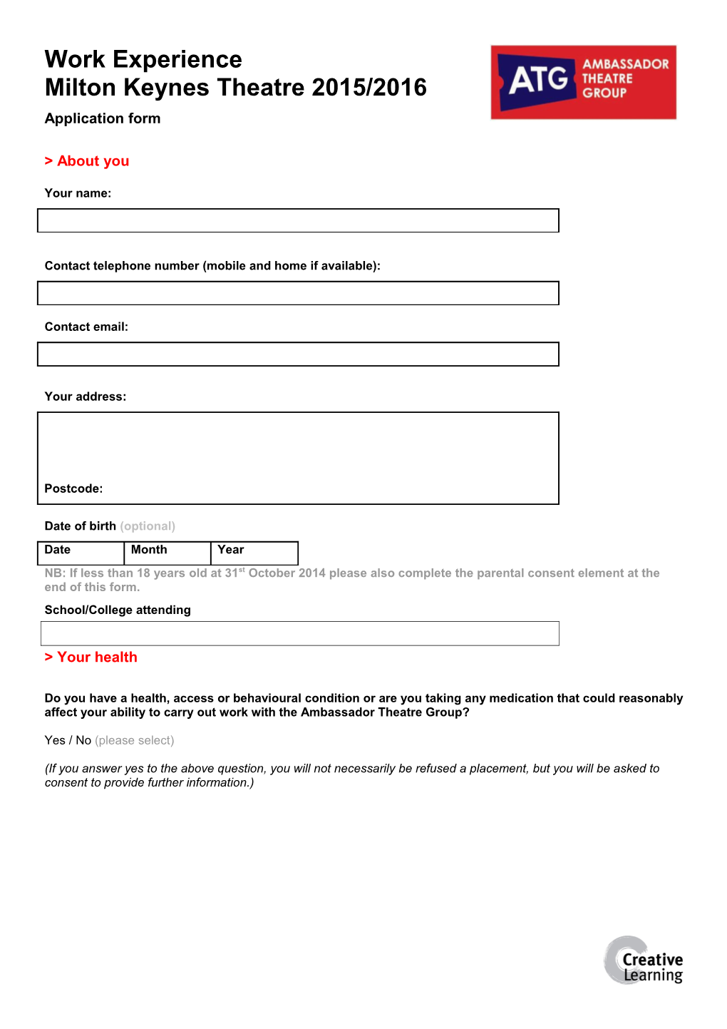 2010 Summer Work Experience Fortnight Application Form