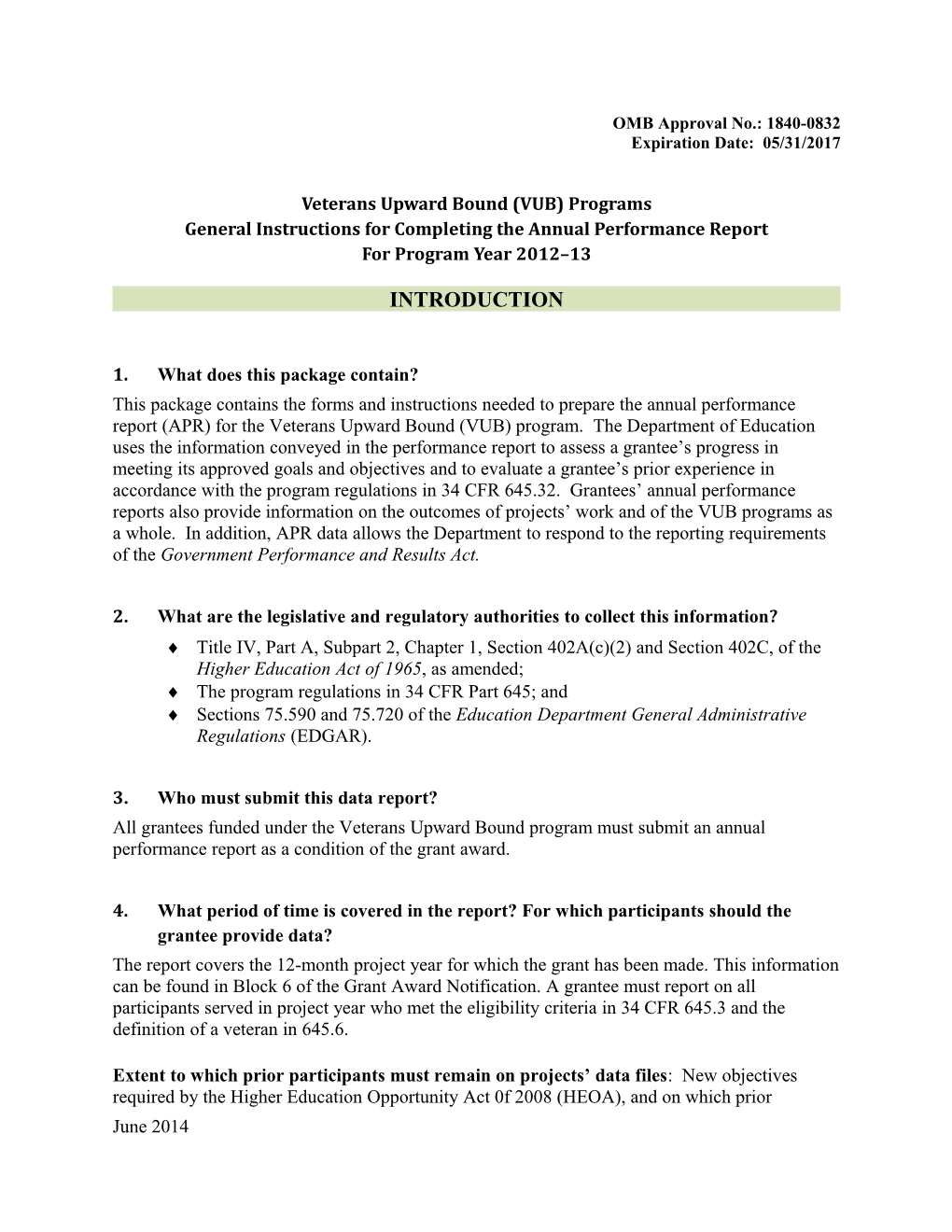 2012-2013 Annual Performance Report Instructions for the Veterans Upward Bound Program (MS Word)