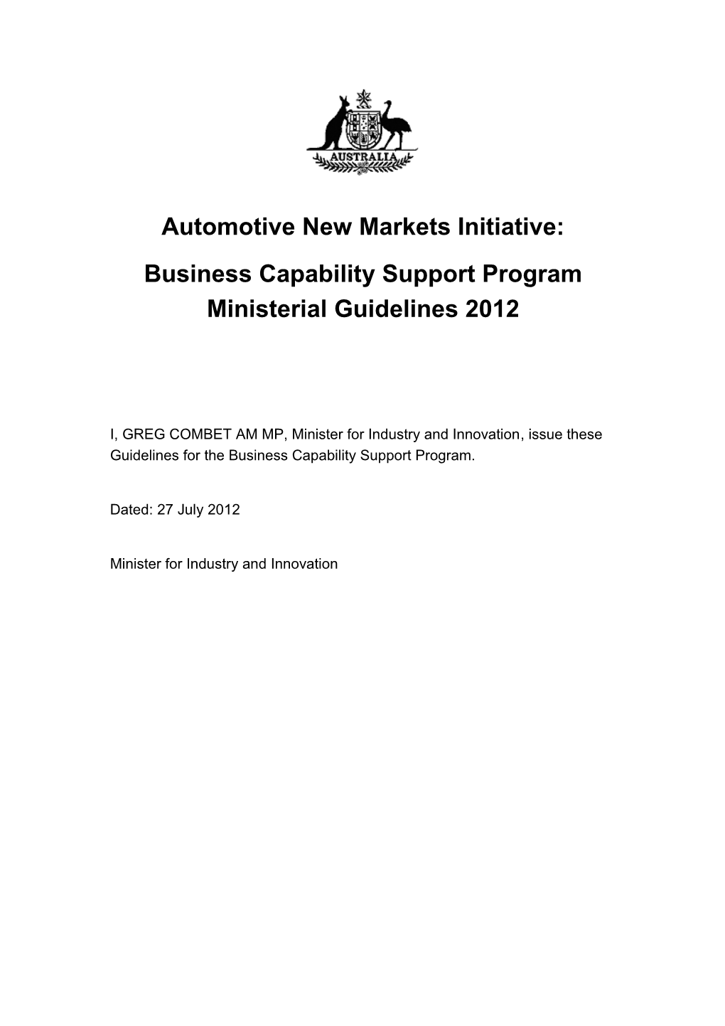 Business Capability Support Program Ministerial Guidelines 2012