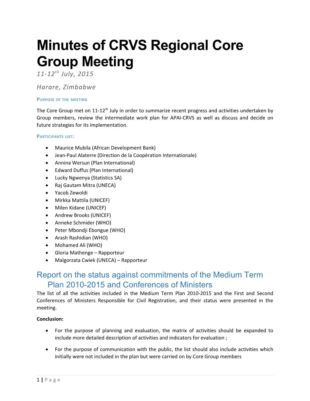 Minutes of CRVS Regional Core Group Meeting