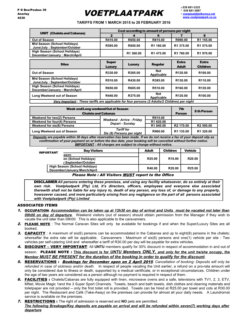 Voetplaatpark / Charges and Associated Items