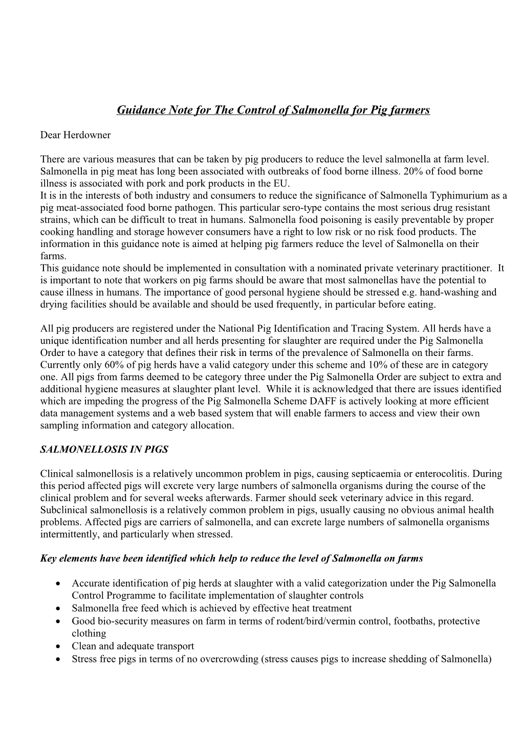 Guidance Note for the Control of Salmonella for Pig Farmers