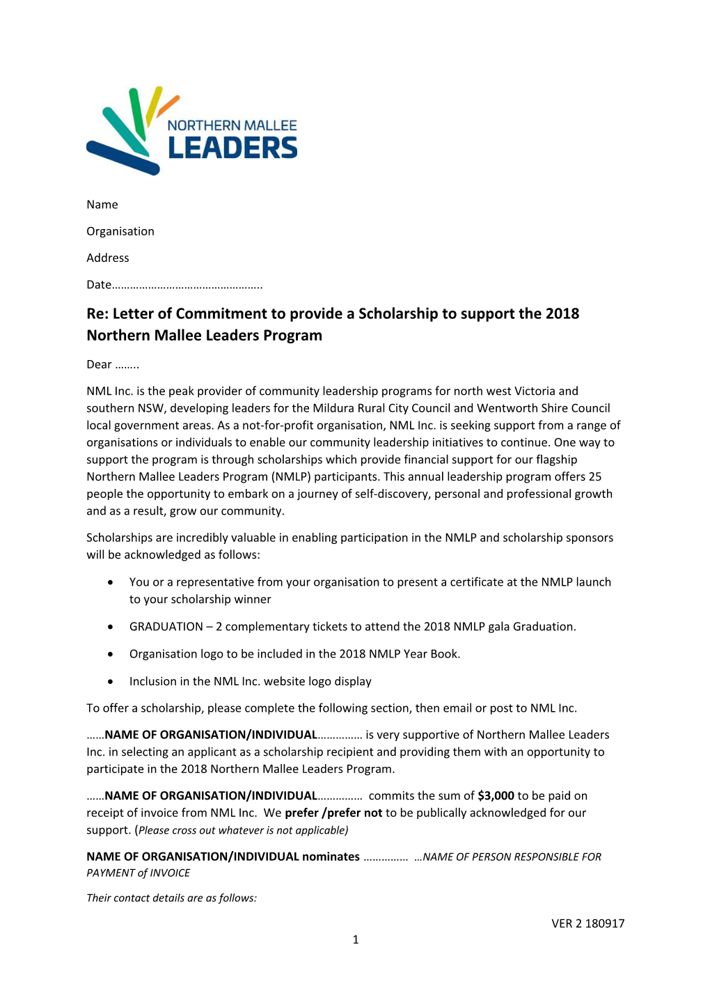 Re: Letter of Commitment to Provide a Scholarship to Support the 2018 Northern Mallee