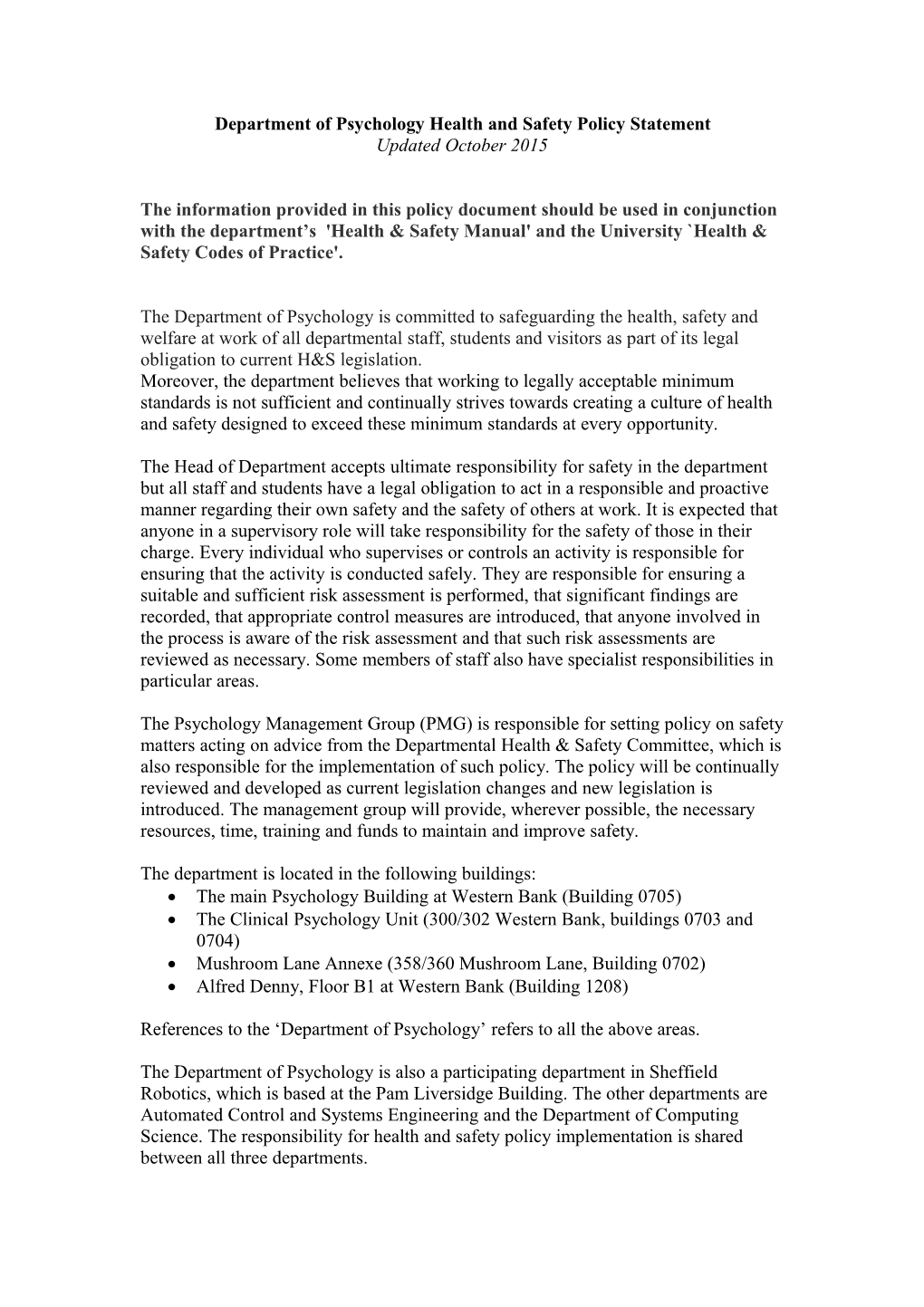 Departmentof Psychology Health and Safety Policy Statement