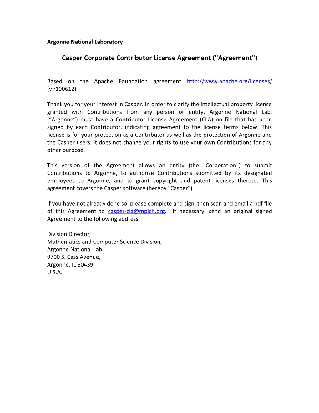 Casper Corporate Contributor License Agreement ( Agreement )