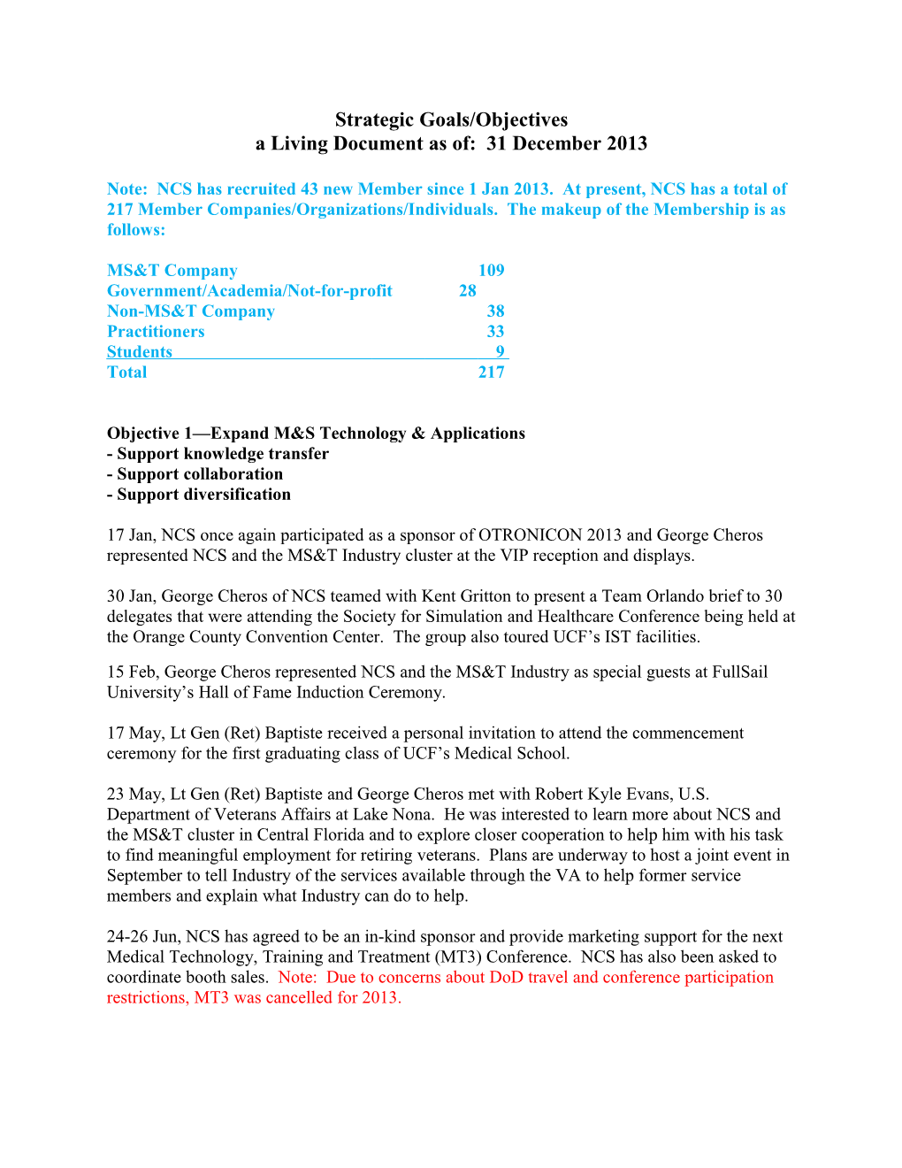 Strategic Goals/Objectives a Living Document As Of: 31 December 2013