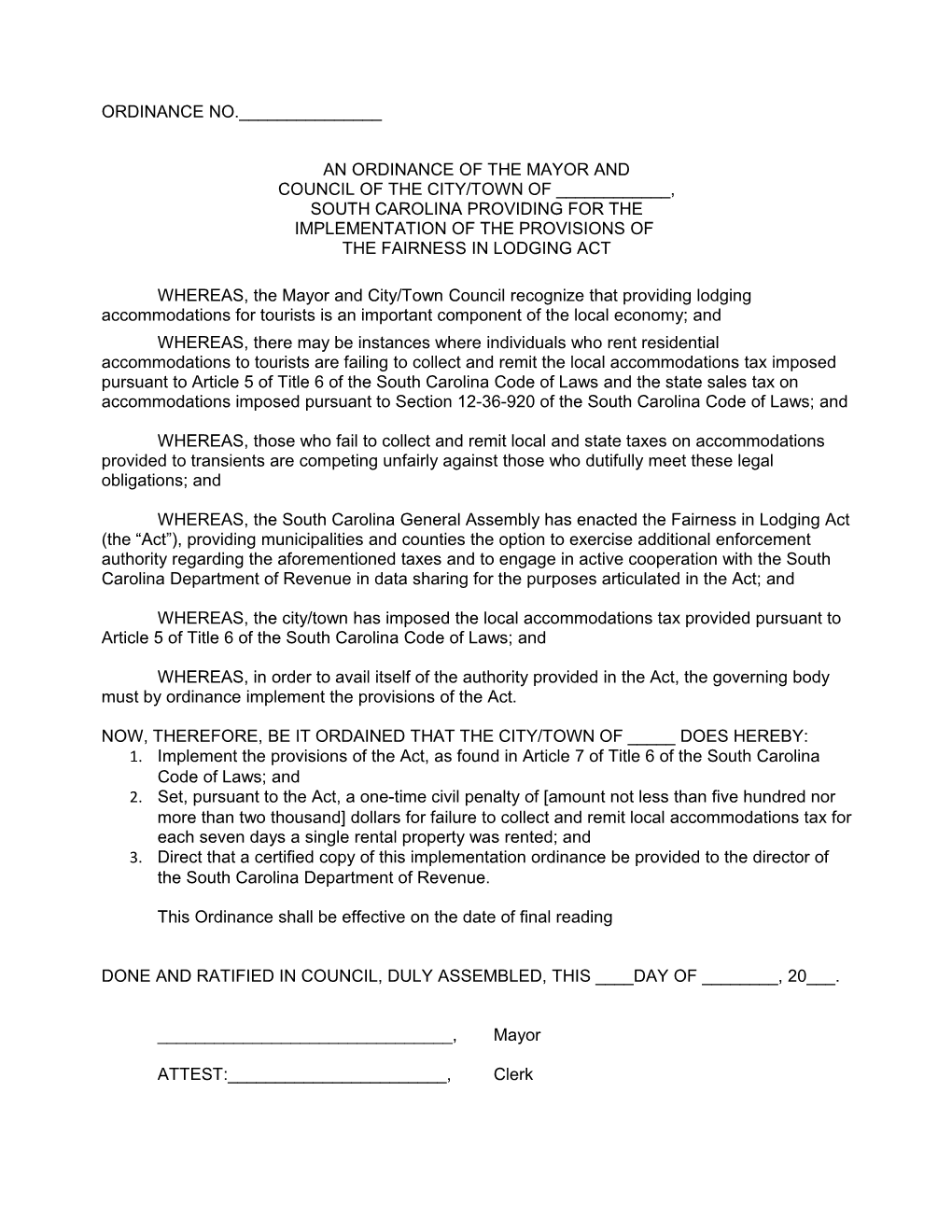 Ordinance Implementing Fairness in Lodging Act