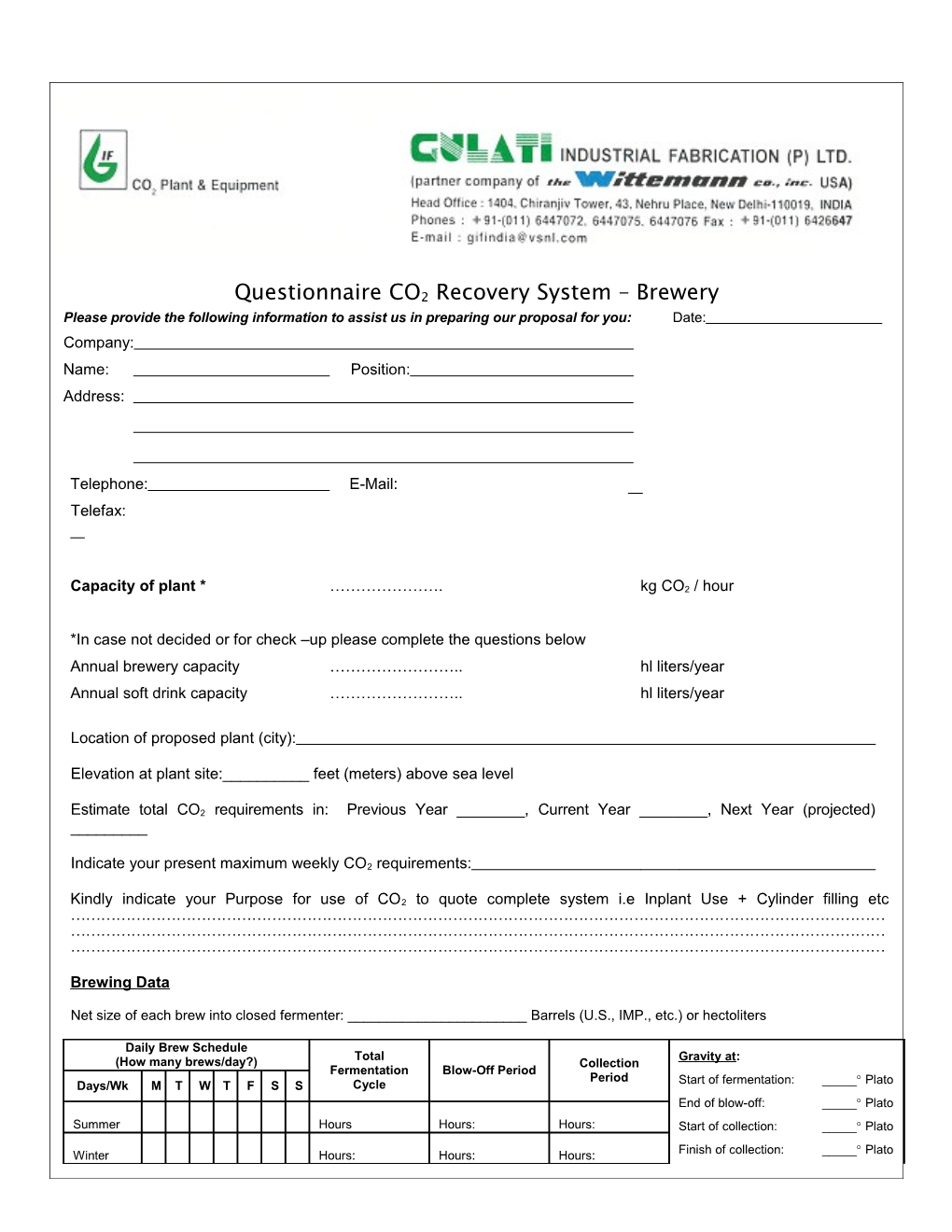 Questionnaire CO2 Recovery System Brewery