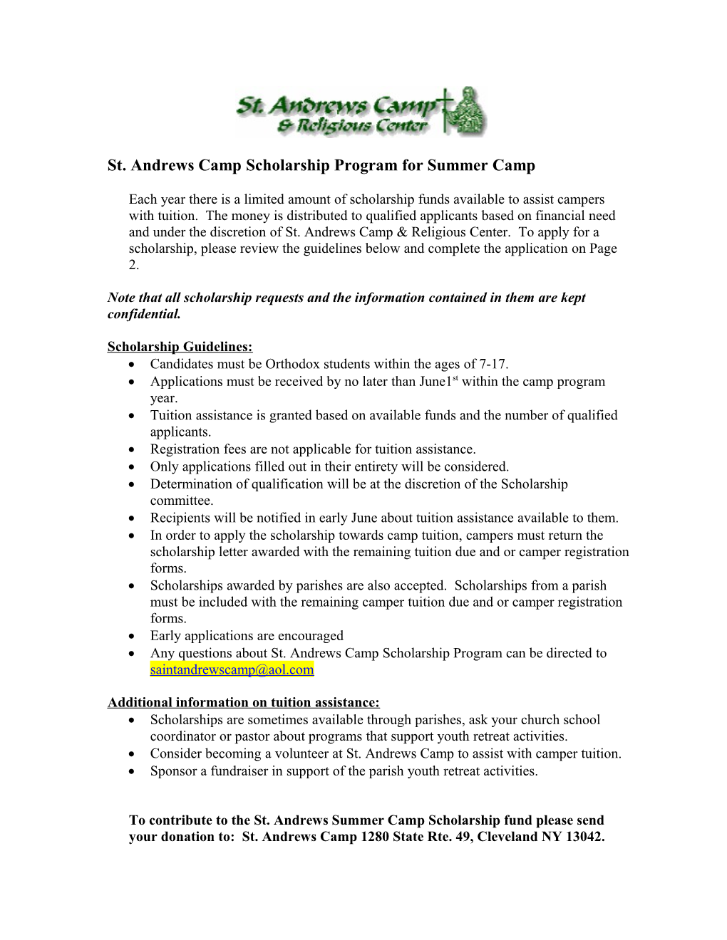 St. Andrews Camp Scholarship Program for Summer Camp