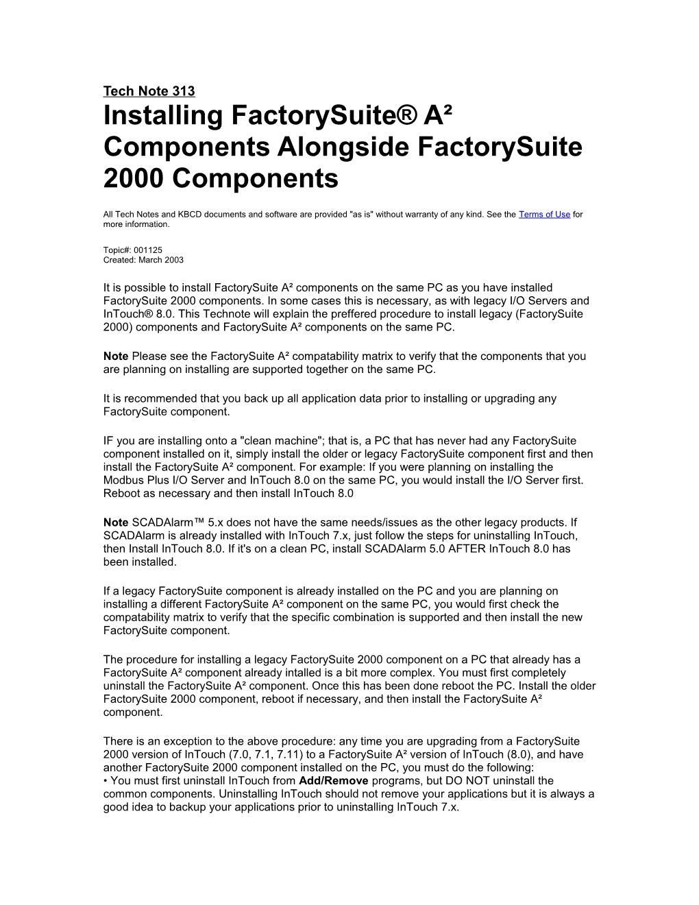 Tech Note 313 Installing Factorysuite a Components Alongside Factorysuite 2000 Components